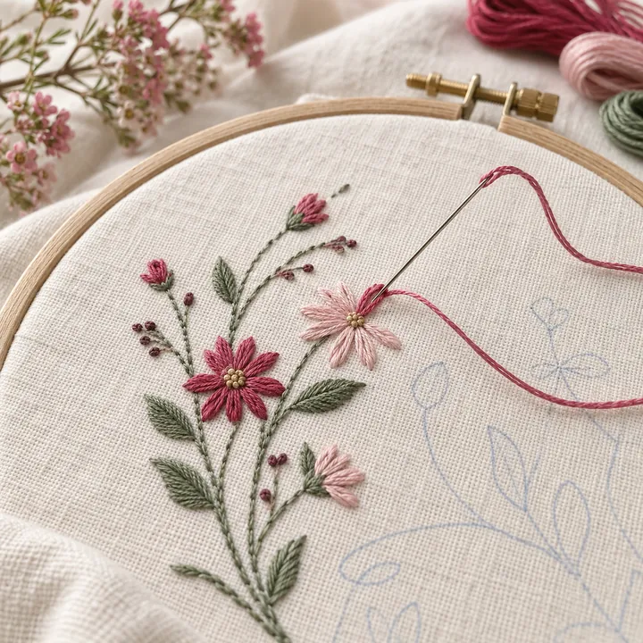 Bordado em andamento num bastidor: margaridas em rosa, folhas verdes e a agulha puxando a linha