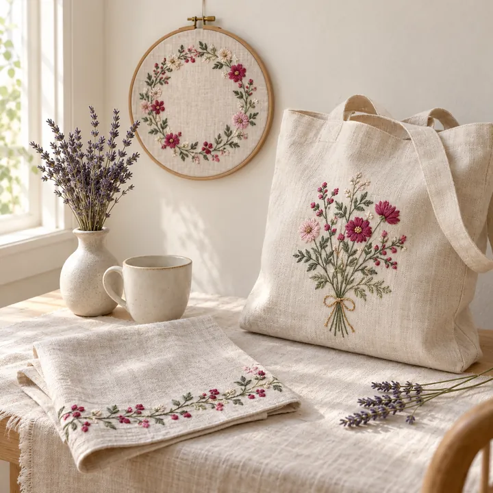 Peças bordadas à mão com flores: quadro de bastidor na parede, ecobag e pano dobrado